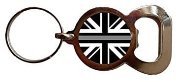 PJ4U Thin Silver Line Union Jack Bottle Opener Metal Keyring And Velvet Gift Bag