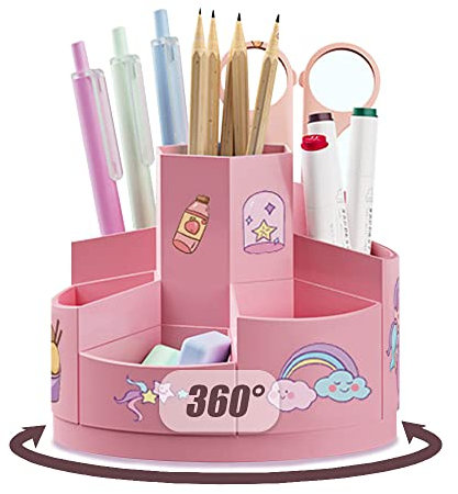 Kaizuca 360° Drehbar Kinder Kreativ Stifthalter, Drehbar Stiftköcher, Schreibtisch Organizer, mit 2 Stück Cartoon Aufkleber, mit 7 Fächer und Anti Rutsch Matten, für Büroaufbewahrung (Rosa)