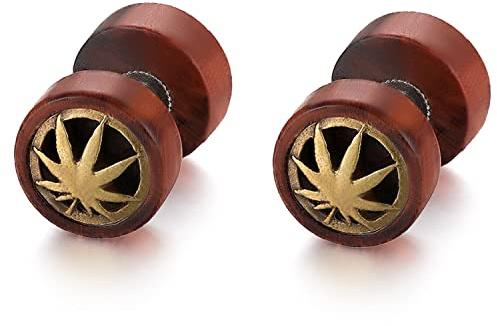 Flongo Herren Damen Holz Ohrstecker Set Holzohrringe mit Stern Ahornblatt Taichi Löwe Alien Hanteln Motiv Gestüt Fake Plug Tunnel Piercing natürlich Illusion Ebenholz Ohrschmuck für Männer Frauen