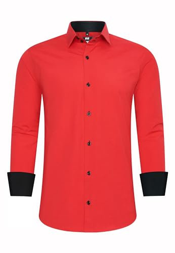 R-Neal Business-Hemd Herren Kontrast Hemd Hochzeit-Hemd Slim Fit Hemden Stretchhemd S - 4XL G44, Farbe:Rot, Größe:M