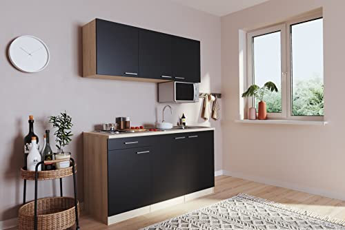 respekta Küche Miniküche Single Eiche Schwarz ohne Kühlschrank Luis 150 cm