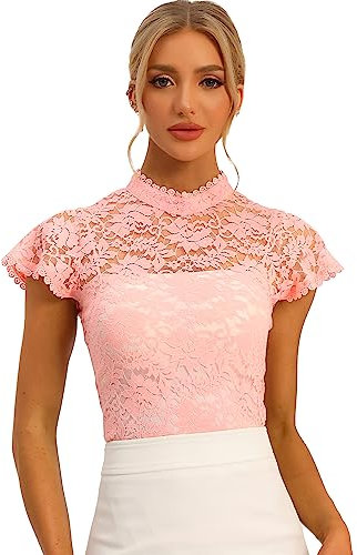 Allegra K Femmes Chemisier Semi-Transparent Manches Courtes Col Montant Dentelle Halloween déguisement Roses XS