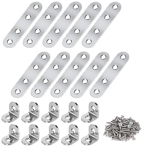 Edelstahl-Flachverbinder mit Löchern, 10xFlachverbinder, 10x Metallklammern, 60 x Schrauben, zum Verstärken und Reparieren von Holzmöbeln wie Schränken, Garderoben, usw., zum Selbermachen von Möbeln