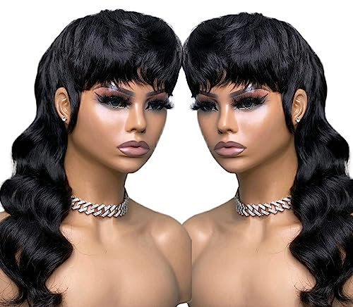 Perruque Mullet des années 80 et 90 pour femmes noires, cheveux humains, coupe Pixie, 1B, entièrement fabriquée à la Machine, sans colle Black Body Wave Mullet Human Hair Wig Pixie Cut Wig