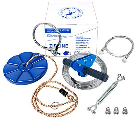 CTSC Familie Gartenspielzeug seilbahnen Set, Seilbahn Kinder Outdoor 29m, Mit Edelstahl-Federbremse, Trolley Seilscheibe, Stahlseile und Sitz, farbenfrohen Spaß Genuss (29m blau)
