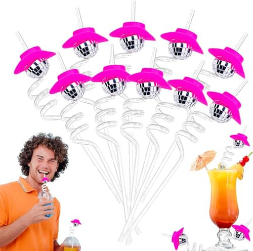 Morofme Disco Ball Straw 10pcs Mini Mirror Disco Cowboy Cowgirl Pink Hat Straw Reusable Plastic Retro Straws for 70s Last Disco Bachelorette Home Bar Karaoke Dance Holiday Wedding Party Supplies