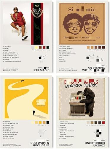 WANMLY 24K Magic Unorthodox Jukebox Doo-Wops & Hooligans Musikalbum-Cover, signierte limitierte Auflage, Leinwandposter (4er-Set) Wandkunst-Dekor, Unrahmen: 20 x 30 cm