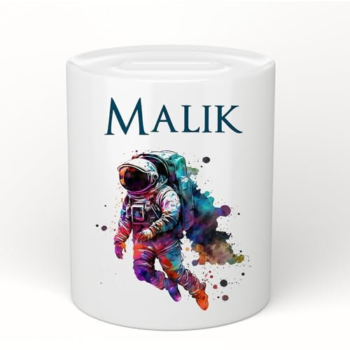 Manufaktur Liebevoll Personalisierte Kinder Spardose Astronaut Weltall Namen Geschenk Einschulung Geburtstagsgeschenk Geldgeschenk Sparschwein Sparbüchse Keramik Junge (Astronaut Malik)