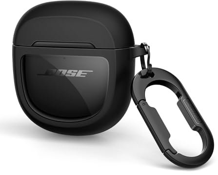 SURITCH Clear Case for Bose QuietComfort Earbuds II 2022/QuietComfort Ultra 2023 Cover, Full-body Shockproof TPU Protective Case with Carabiner & Key Ring & Transparent Logo Window(Black)