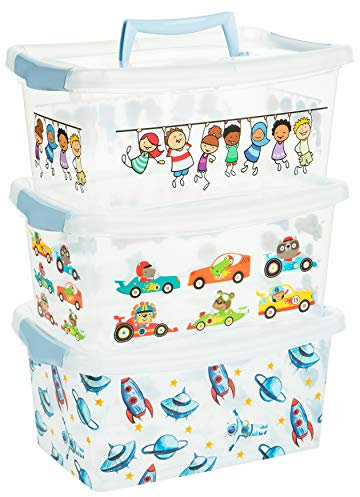 2friends Aufbewahrungsbox Kinder mit Deckel 3 Stück Plastikbox 4l Kisten mit Griff und Click-Verschlüssen - Ideal für Spielzeug Aufbewahrung, Blau, Modell: Bruno