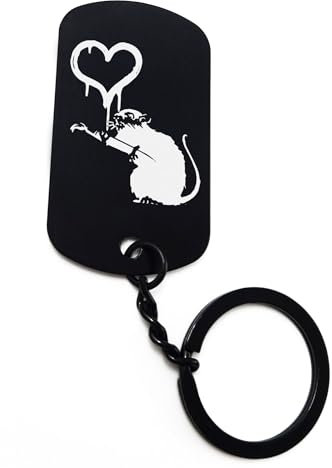 ENTROPIJA Banksy Schlüsselanhänger mit Ratten-Graffiti-Herz, lasergraviert, klassisch, schwarz, Stahlanhänger, Schwarz , One size