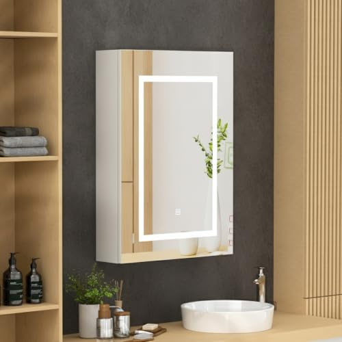 Mepplzian Spiegelschrank Bad mit LED-Beleuchtung, 3 Farbtemperaturen, 50x70 | Dimmer, Badezimmerschrank mit Smart-Touch-Sensor-Steuerung, Spiegelschrank mit Beleuchtung, Integrierter Spiegel, 50x70x13 cm