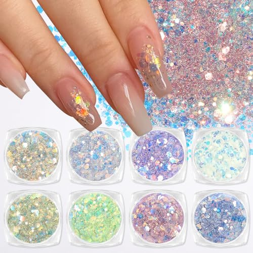 Laza 8 Colors Nail Art Glitter Diamond Dust Iridescent Nail Powder Chunky Glitter Confetti Foil Flakes Sequins for Nail Art Supplies, Gel Polish, Mermaid Makeup, Body, Resin — Glittering Iridescence