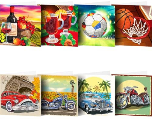 F4B 8-teilige Grußkarten (4) Diamond Painting 15x15cm | Runde Strasssteine | Mit Briefumschlägen | Geburtstagskarten | Kartenset | Karten | Fußball | Motorrad | Auto | Paket Erwachsene und Kinder