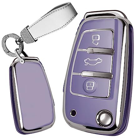 TECART Klapp Autoschlüssel Hülle Cover Passt für Audi A1 A3 A4 A6 A8 Quattro Q2 Q3 Q7 S3 S6 RS3 RS6 R8 TT TTS TPU Zubehör Auto Schlüssel Etui 3 Taste Schlüsselhülle Schlüsselanhänger R-Lila A