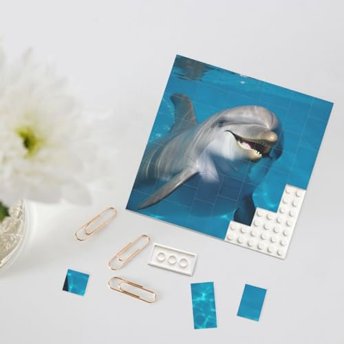 Baustein-Puzzle, personalisierte Bausteine, quadratische Puzzles, Delfin mit einem Lächeln, Bausteinblock für Erwachsene, Block-Puzzle für Heimdekoration, 3D-Stein-Puzzle, Ziegelsteine, Fotorahmen