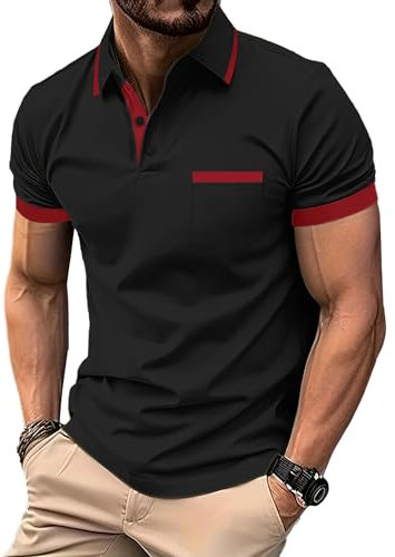 zitysport Poloshirt Herren Kurzarm Shirt Atmungsaktives Golf Polo Shirt Männer Sommer Shirts Sport Basic Slim Fit Tshirt mit Brusttasche Polohemd(Schwarz Rot-L)