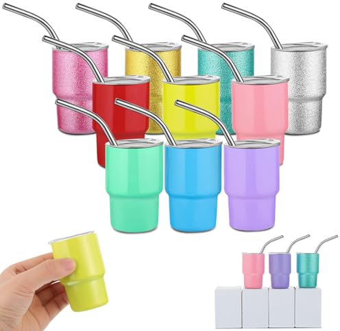 Needbrock 10 Pcs Mini Tumblers Shot Glasses with Lids and Straws, 2oz Sublimation Shot Glass Tumblers Set Stainless Steel Double Wall Vacuum Insulated Shot Glasses Cups for Cocktail Whiskey