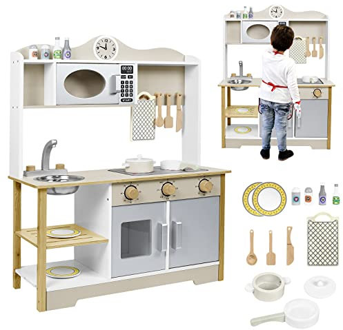 UISEBRT Spielküche aus Holz Kinderküche inkl. Kochfeld Spüle Mikrowelle, Höhe 85 cm, Spielzeug für Kinder ab 3 Jahren, 65 x 24 x 85 cm, Modell A