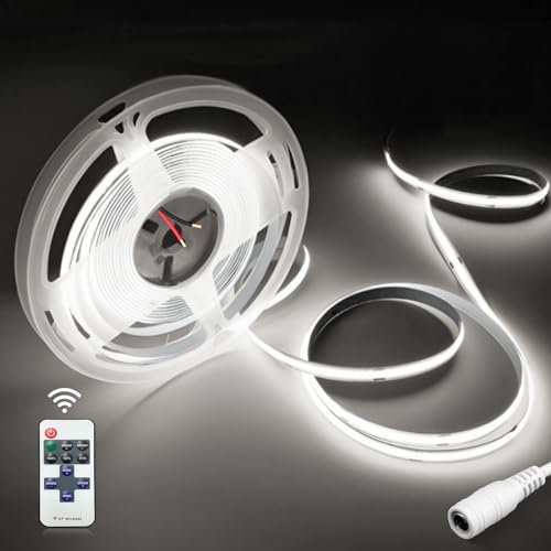YOODI COB LED Streifen 5M, 24V 6000K LED Strip Kaltesweiss mit RF Fernbedienung und 8 Modi, CRI 95+ Dimmbar LED Band, Klebe LED Streifen für Schlafzimmer, Wohnzimmer, Küche, DIY Dekoration