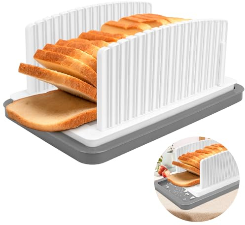 Homgaty Upgrade Bread Slicer for Homemade Bread, Bread Cutter Slicer with Crumb Tray, Bread Slicer Guide Adjustable Width Length, Foldable & Compact Bread Cutter for Homemade Bread Toast Bagel Cakes