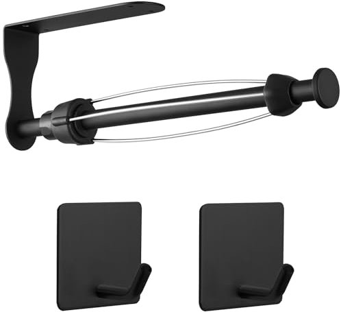 Eolax Paper Towel Holder with 2 Hooks - Under Cabinet Paper Towel Bar with Damping Function, Wall Mount Self Adhesive or Drilling Paper Towel Rack for Kitchen, Stainless Steel, Black