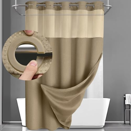 YellyHommy No Hook Shower Curtain with Snap in Liner Set Less Time Waffle Shower Curtain for Bathroom (Beige, 81 L x 72 W)