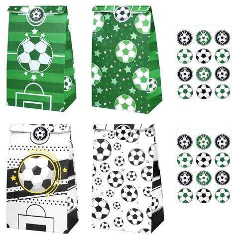 XWCHASA Fußball Geschenktüten für Kinder,12 Stück Fussball Party Tüten,FußBall Geburtstag Party Mitgebsel mit 18 Aufklebern 4 Muster für Geburtstag Kinder Fußball Motto Party Favors
