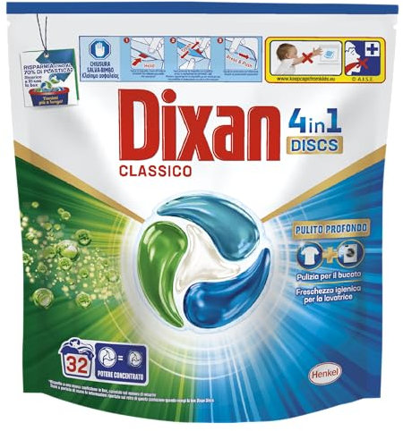 Dixan DISCS 4in1 Classico Detersivo Lavatrice (32 Lavaggi), Capsule lavatrice per una pulizia profonda del bucato e freschezza igienica per la lavatrice, Rimuove le macchie da 20°C