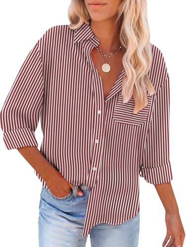 YUTILA Bluse Damen Gestreiftes V-Ausschnitt Hemd Baumwolle Langarm Lässiges Shirt mit Brusttasche
