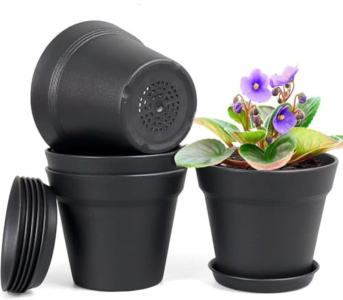 MoFarbe 6inch Small Plastic Planters Plant Pots - Indoor Plant Pot Set of 4 Flower Pot with Drainage Hole and Saucer, Decorative Nursery Pot Bulk for Flower Aloe Herbs (black)
