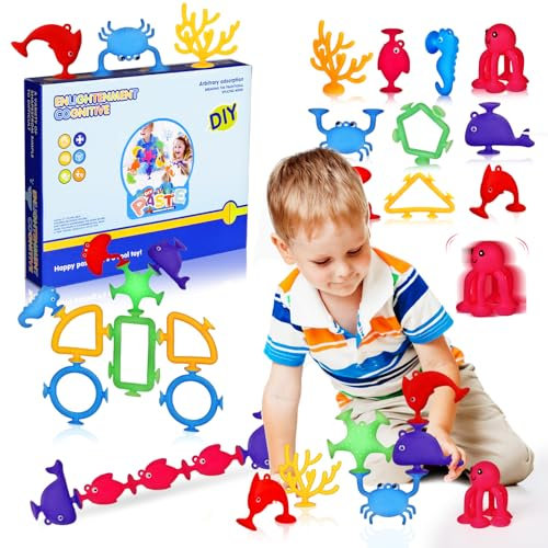 BuzzoXerex Grande Jouets à succion pour Enfants, 24 PCS Jouets à Ventouses Jouets de Bain Jouets de Voyage avec Sac de Rangement, Jouet Ventouse Bebe pour Garçons Filles à partir de 3 Ans