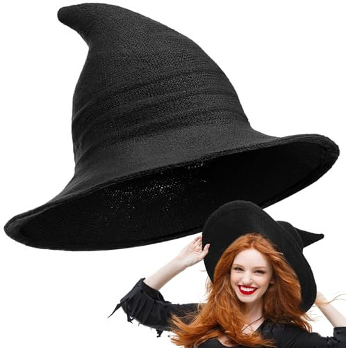 Boyiee Gestrickt Hexe Hut Breitkrempe Gestrickte Mütze Halloween Hexenhut Faltbare Zipfelmütze für Damen Halloween Cosplay Kostüm Maskerade Zubehör(56–58 cm,Schwarz,1 Stück)