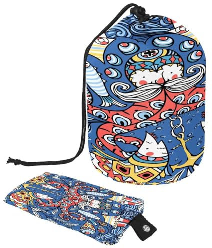 Kulturbeutel mit Kordelzug, farbige alte Kraken, Fische, Boote, Muster, tonnenförmige Kulturbeutel, Kosmetiktasche, Reise-Make-up-Organizer-Tasche + kleine Tasche, multi,