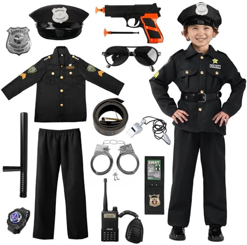 Aitsite olizei Kostüm Kinder Jungen, Polizei Uniform Set Kinder inklusive Hemd Hose Hut Gürtel und Spielzeug Accessoires, Polizeianzug für Jungen Halloween Karneval Cosplay