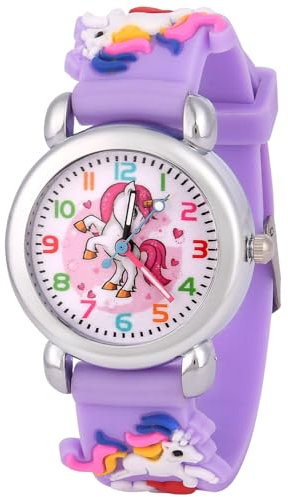 OFFCUP Orologio da Polso per Ragazzi e Ragazze, Orologio per Bambini Movimento al Quarzo, Orologio Educativo 3D Cartone Animato Cinturino in Silicone per bambini da 3 a 12 Anni -Unicorno Viola Chiaro