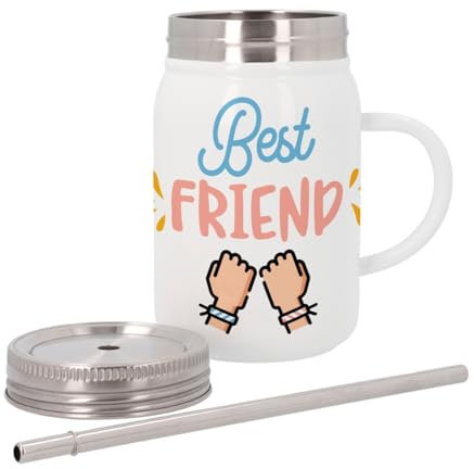 Mug Isotherme en Inox avec Couvercle et Paille - Best Friend Meilleure Copine Fille Amitié Copain - 500 ml - Tasse Thermo