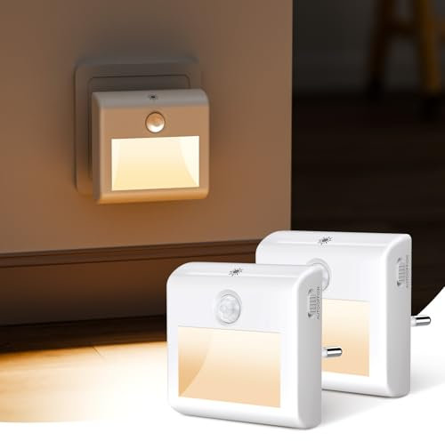 Lot de 2 Veilleuses LED avec Détecteur de Mouvement et de Crépuscule, Blanc Chaud, Luminosité Réglable, Modes AUTO/ON/OFF, Veilleuse à Brancher sur Prise Murale, pour Couloir, Escaliers, Chambre