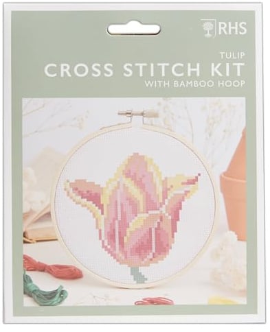 RHS The Royal Horticultural Society Cross Stitch Kit, Tulip Design, 14cm Embroidery Kits for Adults, Cross Stitch Kits for Adults Beginners, Gift Idea, with Embroidery Patterns, Embroidery Set
