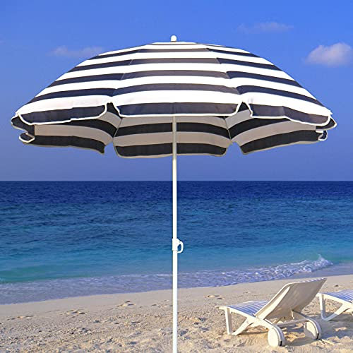 Sombrilla de playa a rayas azules y blancas con mecanismo de inclinación para jardín, patio, camping, protección UV de 1,8 m