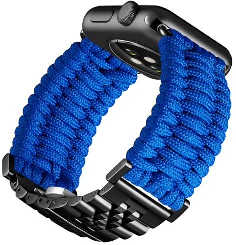 BINLUN Compatibile con Apple Watch Cinturino 42mm 41mm 40mm 38mm Cinturini Sportivo Intrecciato 550 Paracord Acciaio Compatibile con iWatch Serie 10/9/8/7/SE2/SE/6/5/4/3/2/1(Blu Nero)