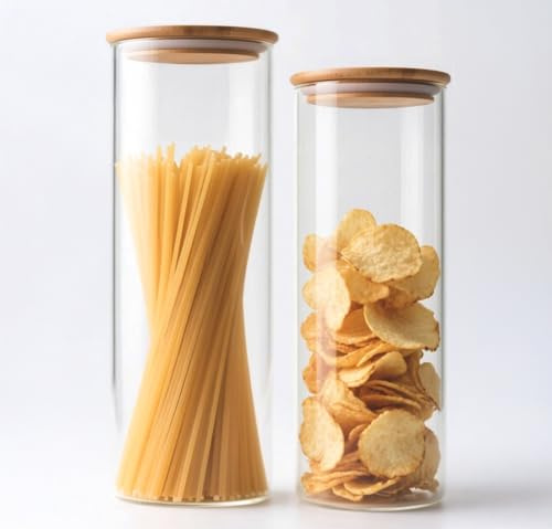 HomeyHoney Vorratsglas mit Holzdeckel Luftdicht, Vorratsgläser mit Deckel | Rund Glasbehälter mit Deckel aus Borosilikatglas, Vorratsdosen Glas für Kekse, Spaghetti, Zucker, (1,1+1,9 L) 2er Set
