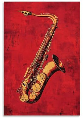 XMJHHMHZ Peinture murale instruments de jazz – Saxophone flottant dans l'espace négatif sur fond rouge sang de bœuf Décoration murale moderne à suspendre 30 x 45 cm