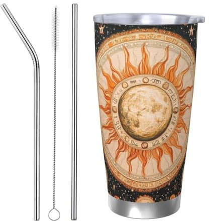 DFJMASFKOL Tasse en acier inoxydable jaune soleil et lune orange fleur tasse à café vintage bohème pour planificateurs de voyage sur la route 8,7 x 11,2 cm