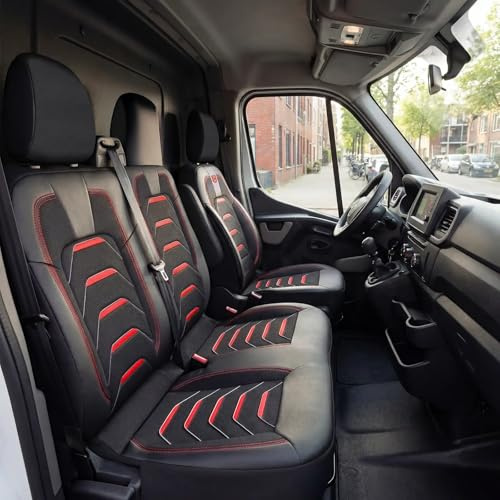 GIOVANNI BUTTI Autositzbezüge 2+1 für Renault Master 2011-2023, Opel Movano 2011-2021, Nissan NV400 2011-2021 - Leinen/Schwarz-Rot - Vordersitz-Set (rechter Beifahrersitz geteilt)