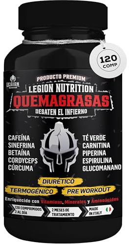 Legion Nutrition Suplemento con cafeína, sinefrina, carnitina, glucomanano, cordyceps, betaína, té verde, espirulina. 120 cpr para hombre y mujer