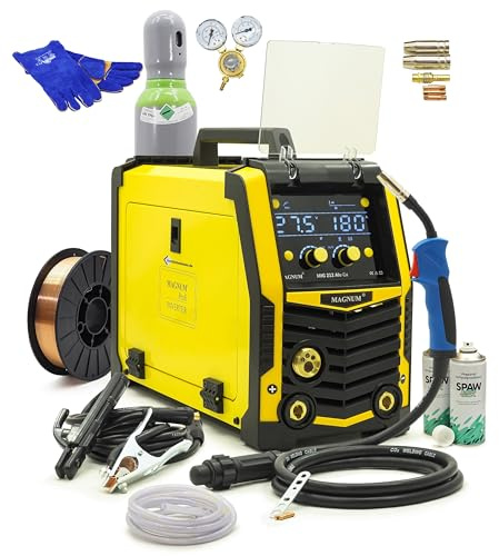 Magnum Fülldraht Schweißgerät MIG 212 Alu Cu – Synergisches Inverter-Set mit Schutzgas, 200A für MIG/MAG, MMA und TIG Lift – Zuverlässig, Multifunktional, Effizient und Benutzerfreundlich