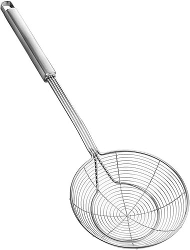 Brown Feather Strainer Skimmer Spider Ladle - Stainless Steel Mesh Skimmer, Slotted Spoon for Pasta & Spaghetti, Noodle & Oil Filter Ladle, Sieves and Strainer, Kitchen Metal Utensils Chinois Spoons