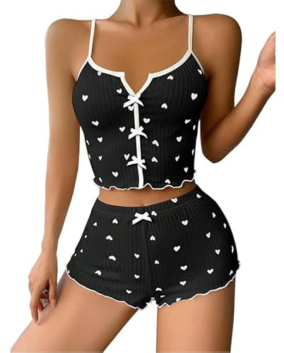 GIVTULIP Women Cute Heart Print 2 Piece Pyjama Set Soft Tank Top and Shorts | Summer Cotton Pj Sets Sleeveless Camisole Vest & Short Bottoms Stretchy Loungewear Sleepwear Casual Nightwear with Drawstring