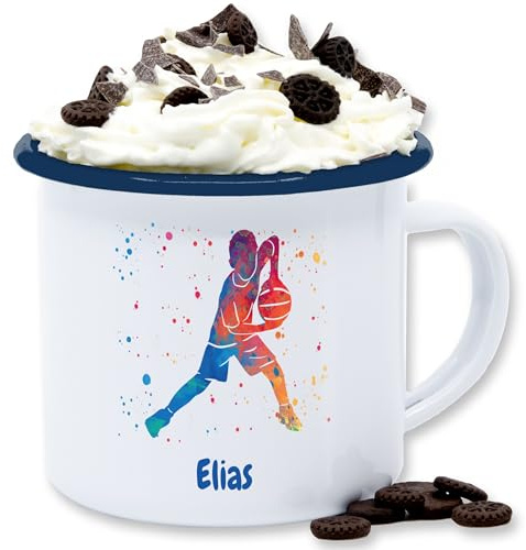 Emaille Tasse Blechtasse - Watercolor Basketball Spieler mit Name - Sport Training Geschenk - 300 ml - Weiß Blau - basketballer motive fan personalisierte motiv für